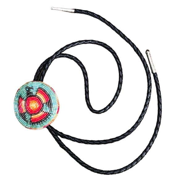 Native Style Seed Bead Thunderbird Bolo Tie Southwestern - Picture 2 of 4